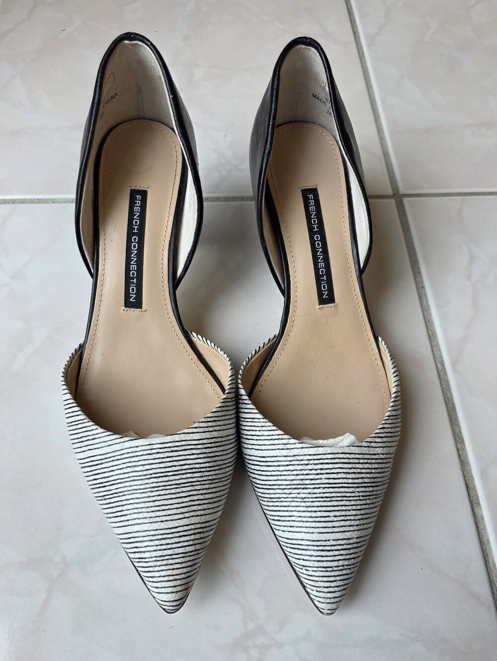 French Connection Leather D’Orsay Pointed Toe Heels Black White Stripe Size 38.5